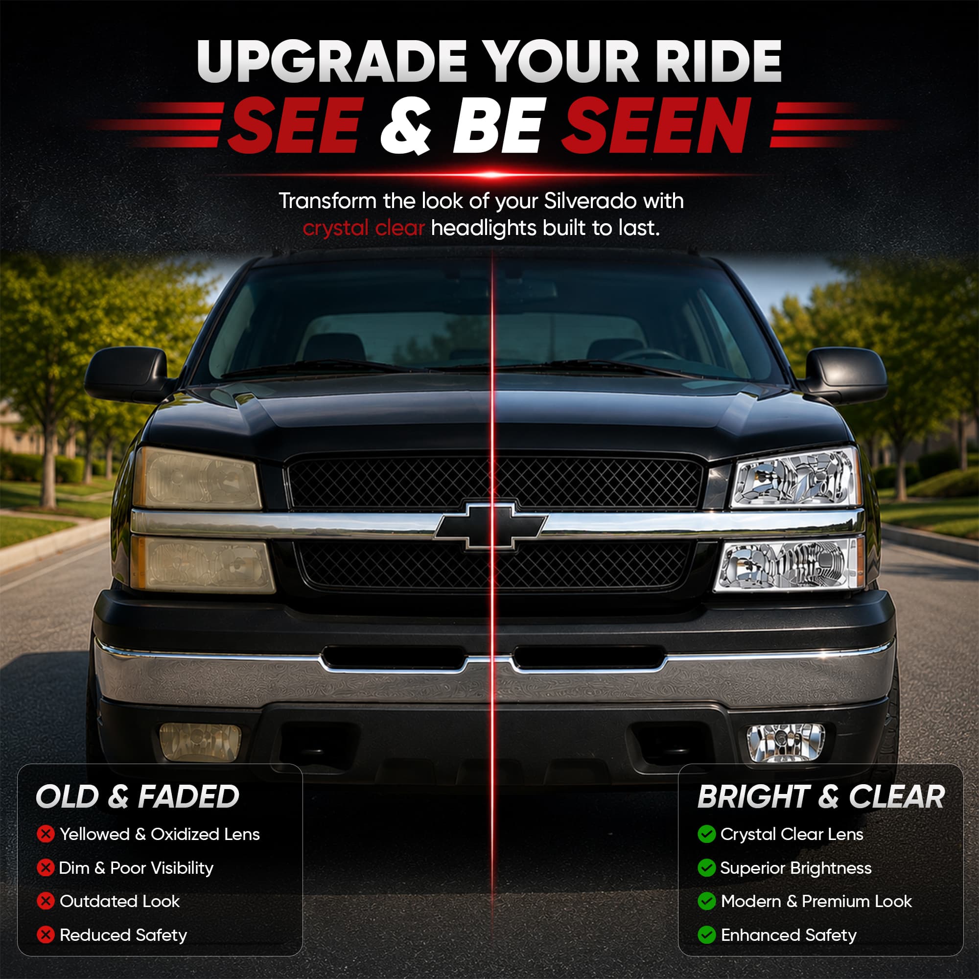 2003-2006 Chevy Silverado 1500 headlights before and after lights view
