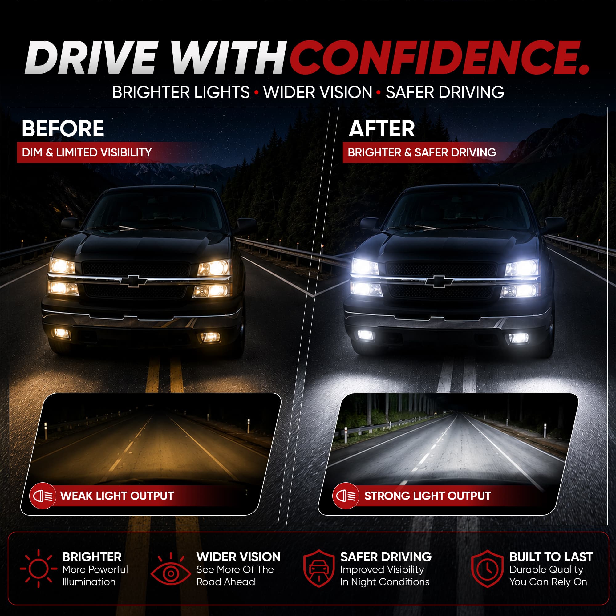 03 04 05 06 Chevy Silverado headlights beam view at night