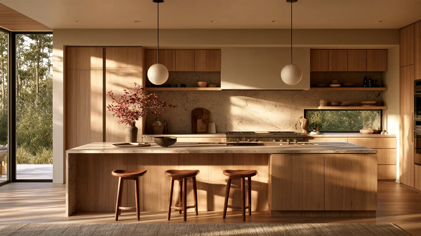 Warm contemporary kitchen with natural wood cabinetry